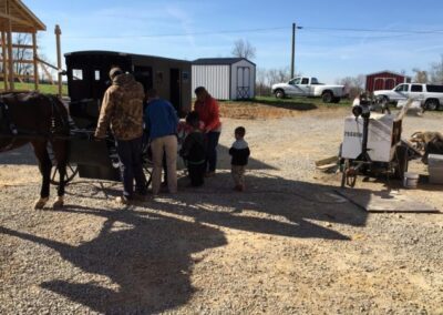 a horse drawn carriage with people standing around it